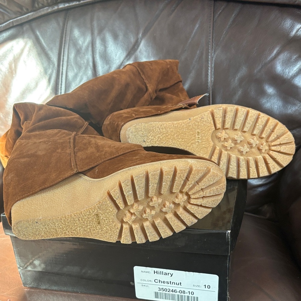 JustFab Chestnut Suede Knee-High Wedge Boots - Picture 5 of 8